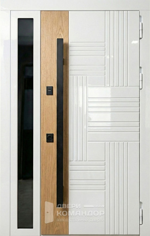 Стальная белая дверь глянец с дубом и стеклом для дома №132 - наружная сторона