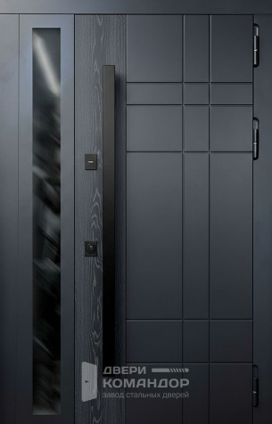 Металлическая дверь графит с геометрической раскладкой и стеклянной вставкой сбоку №57 - наружная сторона