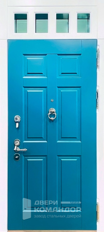 Бирюзовая входная дверь с белой фрамугой и стеклом №54 - наружная сторона