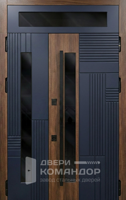 Металлическая входная дверь тёмно-синяя под дуб с остеклением №124