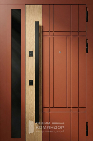 Входная дверь терракотовая со стеклянной вставкой и деревом №100 - наружная сторона