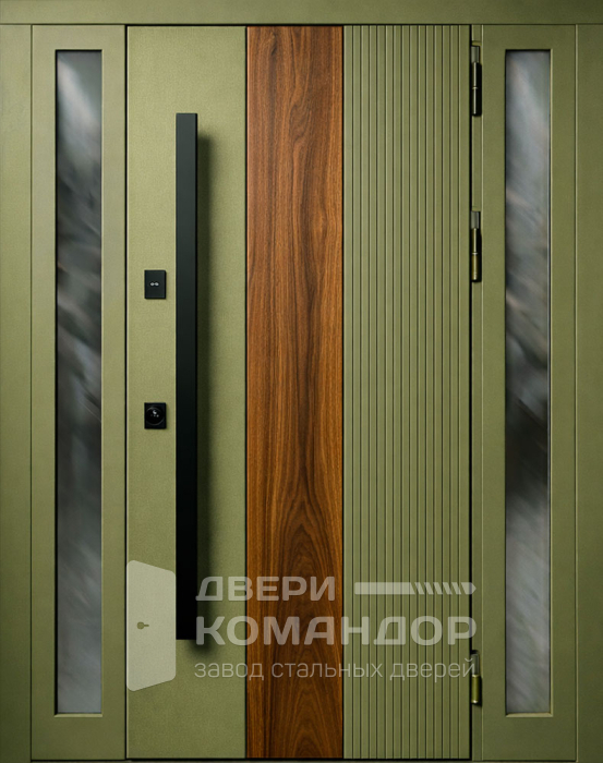 Металлическая дверь оливковая с деревом и остеклением для частного дома №46