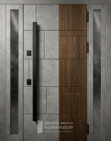 Металлическая дверь под бетон с вставкой орех и боковым остеклением №51 - наружная сторона