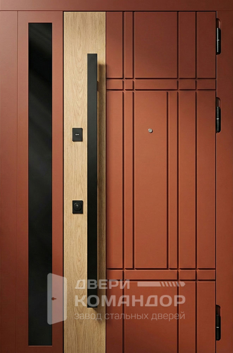 Входная дверь терракотовая со стеклянной вставкой и деревом №100