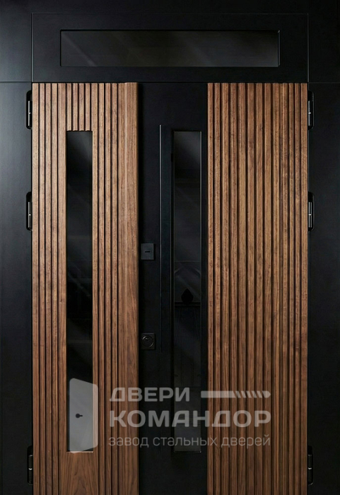 Стальная дверь чёрная с реечной МДФ-панелью с остеклением и фрамугой №111