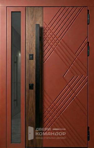 Входная металлическая дверь терракота с диагональной фрезеровкой и стеклом №123 - наружная сторона
