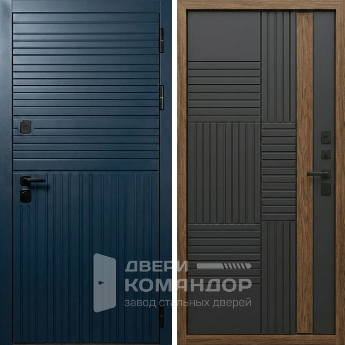 Стальная дверь с панелью HDF синяя с древесным акцентом внутри №355