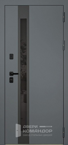 Серая входная дверь с узким стеклом в загородный дом №8 - наружная сторона