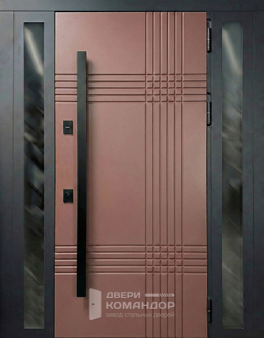 Стальная дверь терракотовая с геометрической фрезеровкой и боковым остеклением №50 - наружная сторона