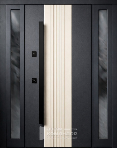 Железная входная дверь графит с белой вставкой и остеклением №48 - наружная сторона