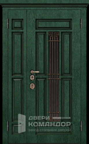 Двухстворчатая металлическая дверь зеленого цвета МДФ №39