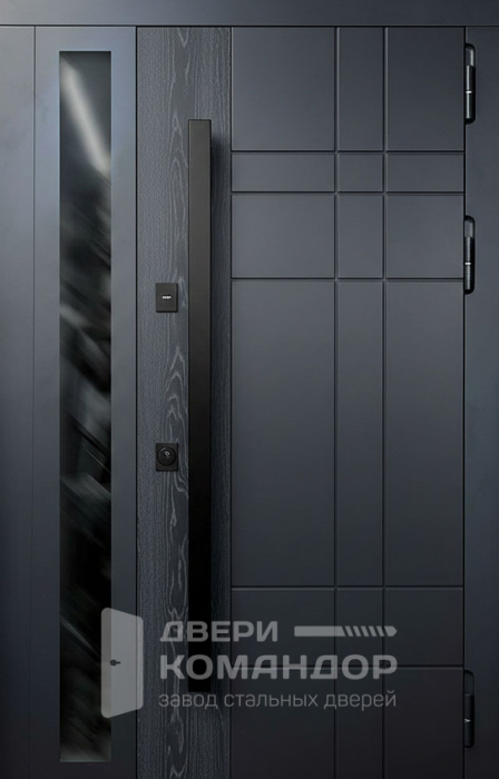 Металлическая дверь графит с геометрической раскладкой и стеклянной вставкой сбоку №57