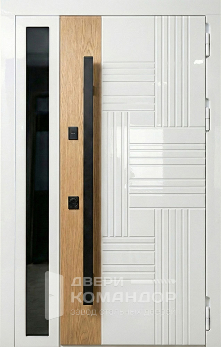 Стальная белая дверь глянец с дубом и стеклом для дома №132