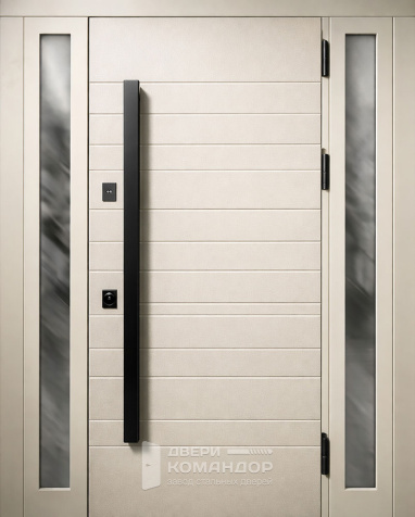 Стальная дверь песочная с горизонтальными линиями и стеклянными боковинами №56 - наружная сторона