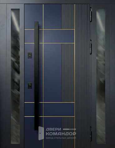 Стальная входная дверь синяя с боковым остеклением и длинной ручкой №40 - наружная сторона