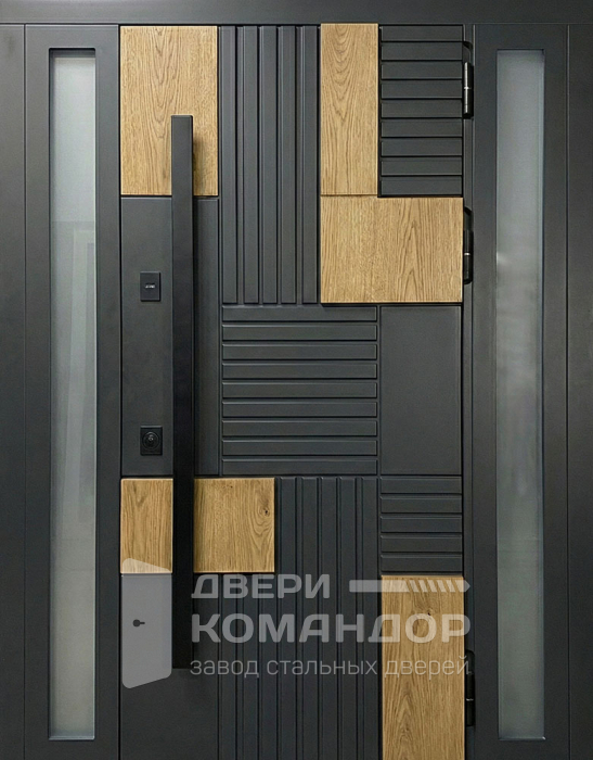 Железная входная дверь графит с деревянными вставками и остеклением №43