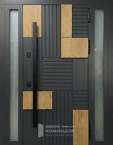 Железная входная дверь графит с деревянными вставками и остеклением №43 - наружная сторона