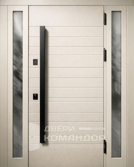 Стальная дверь песочная с горизонтальными линиями и стеклянными боковинами №56