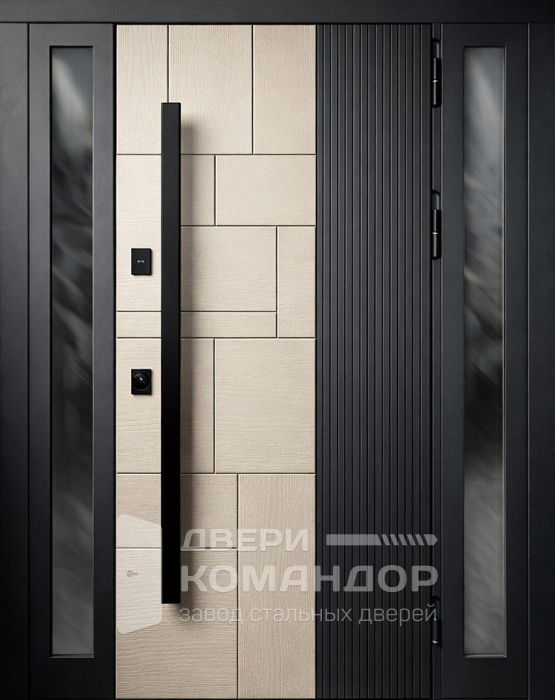 Стальная входная дверь бежевая с рифленой вставкой и остеклением №44