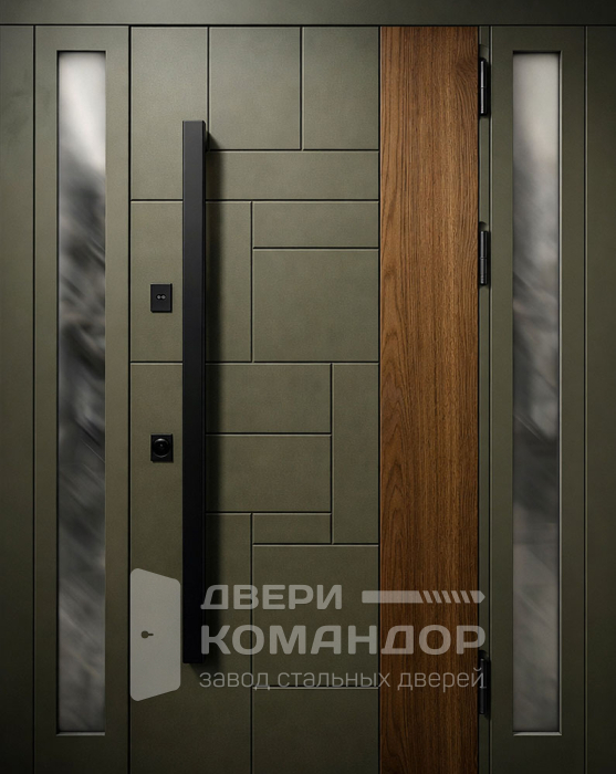 Стальная дверь хаки с деревянной вставкой и боковым остеклением №53