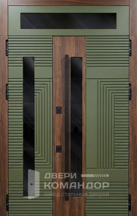 Стальная дверь оливковая с деревом с фрамугой и вертикальным стеклом №109