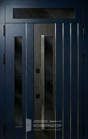 Железная входная дверь синяя с вертикальными линиями и стеклянными вставками №127 - наружная сторона