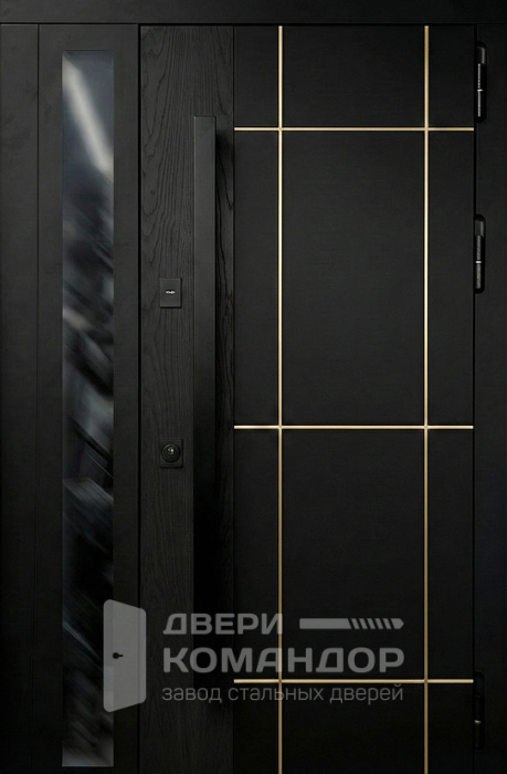 Железная чёрная дверь с золотыми линиями и узким стеклом №138