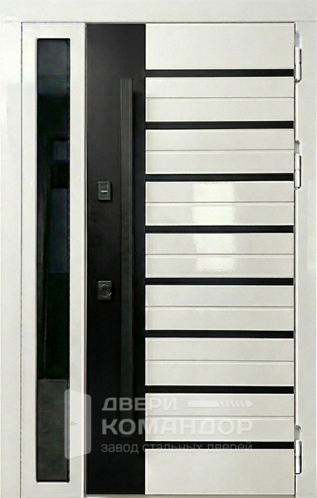 Входная белая дверь с боковым остеклением и чёрными вставками №136