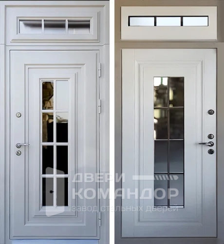 Белая входная дверь с фрамугой и стеклопакетом №25