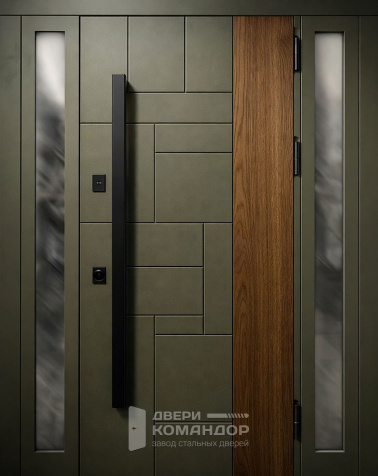 Стальная дверь хаки с деревянной вставкой и боковым остеклением №53 - наружная сторона