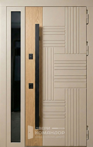 Входная бежевая дверь с боковым стеклом и дубовой вставкой №130 - наружная сторона