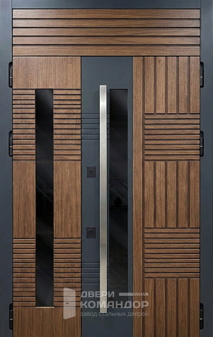 Входная двустворчатая дверь орех с вертикальным стеклом для частного дома №105 - наружная сторона