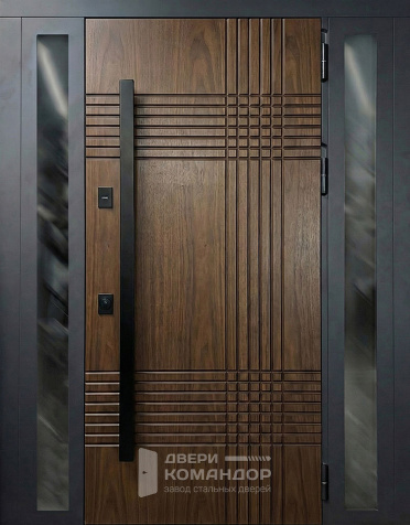 Входная стальная дверь под дерево с фрезеровкой и остеклением №47 - наружная сторона