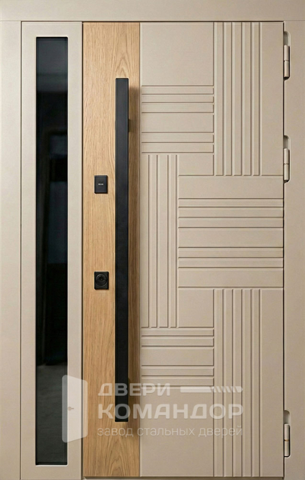 Входная бежевая дверь с боковым стеклом и дубовой вставкой №130